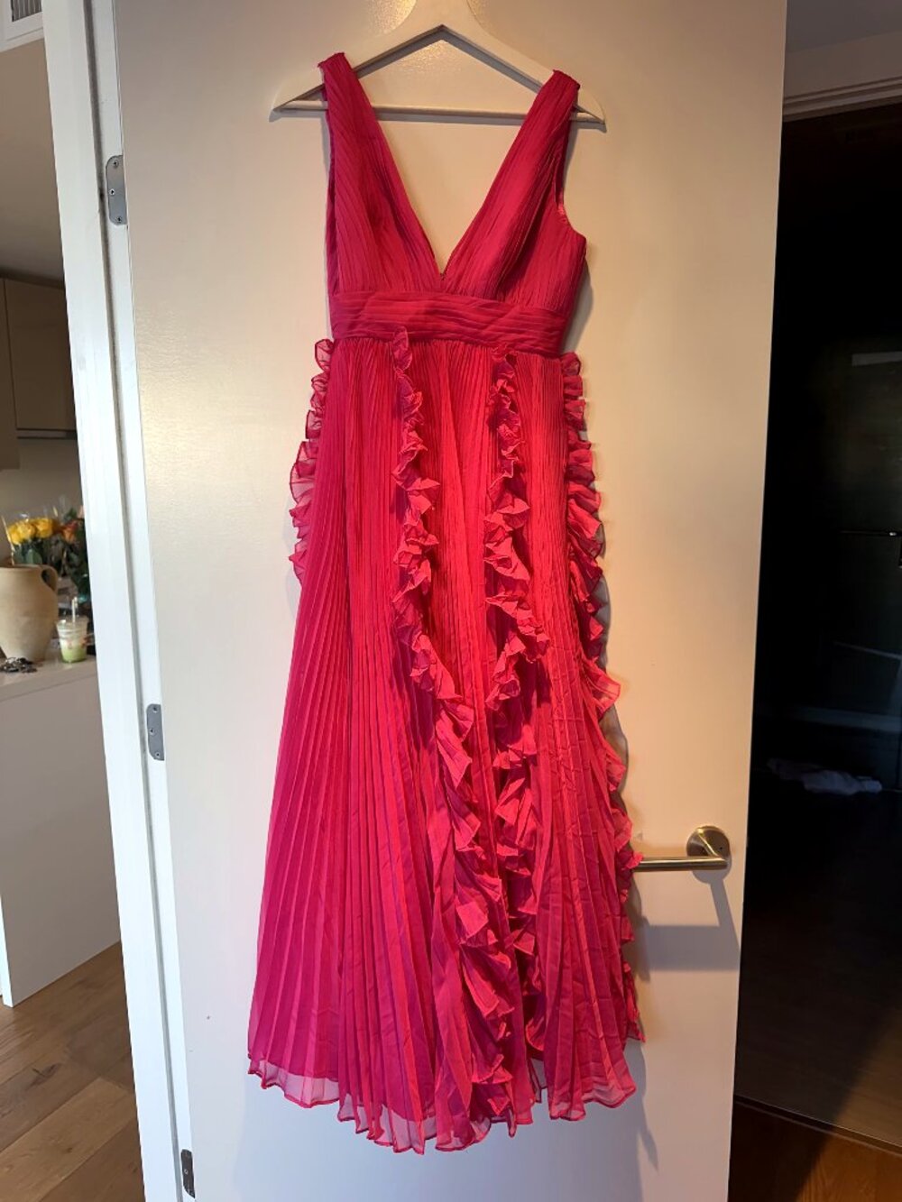 Ieena for Mac Duggal Fuchsia Pleated Chiffon Ruffle Gown 2